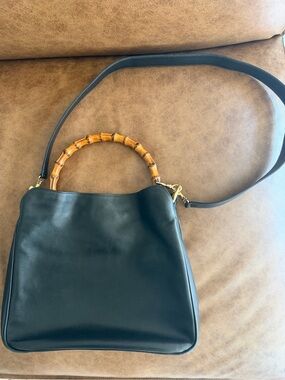 Gucci Black Leather Shoulder Bag with Bamboo Top Handle